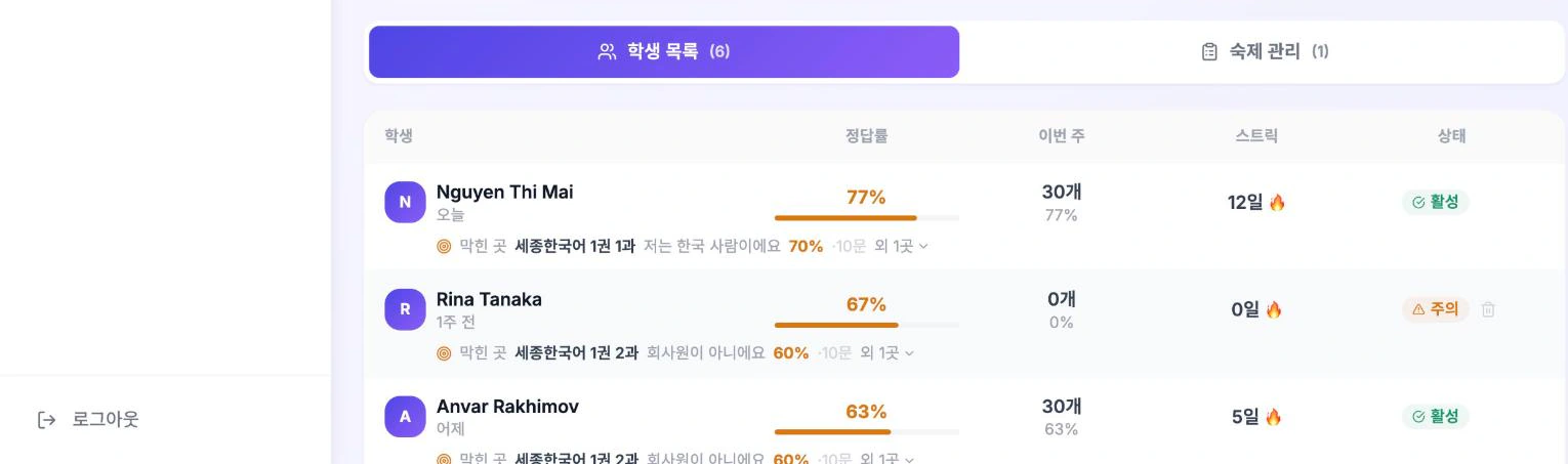 반 상세의 학생 목록 탭과 숙제 관리 탭 전환
