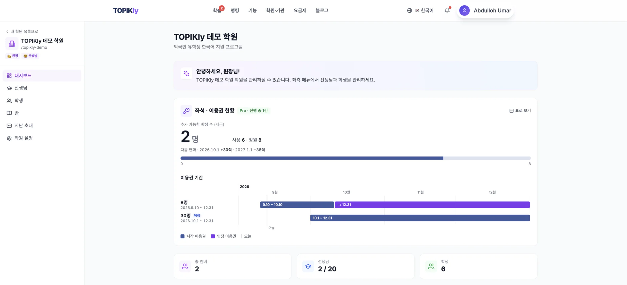 학원 대시보드 — 좌석·이용권 현황(더 넣을 수 있는 학생 수와 이용권 기간), 총 멤버·선생님·학생 수